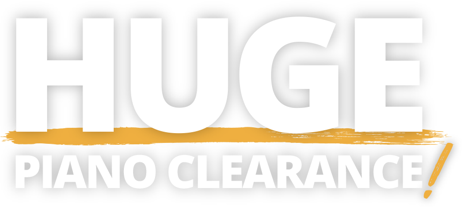 Huge piano clearance sale banner with bold white and orange text on a black background.