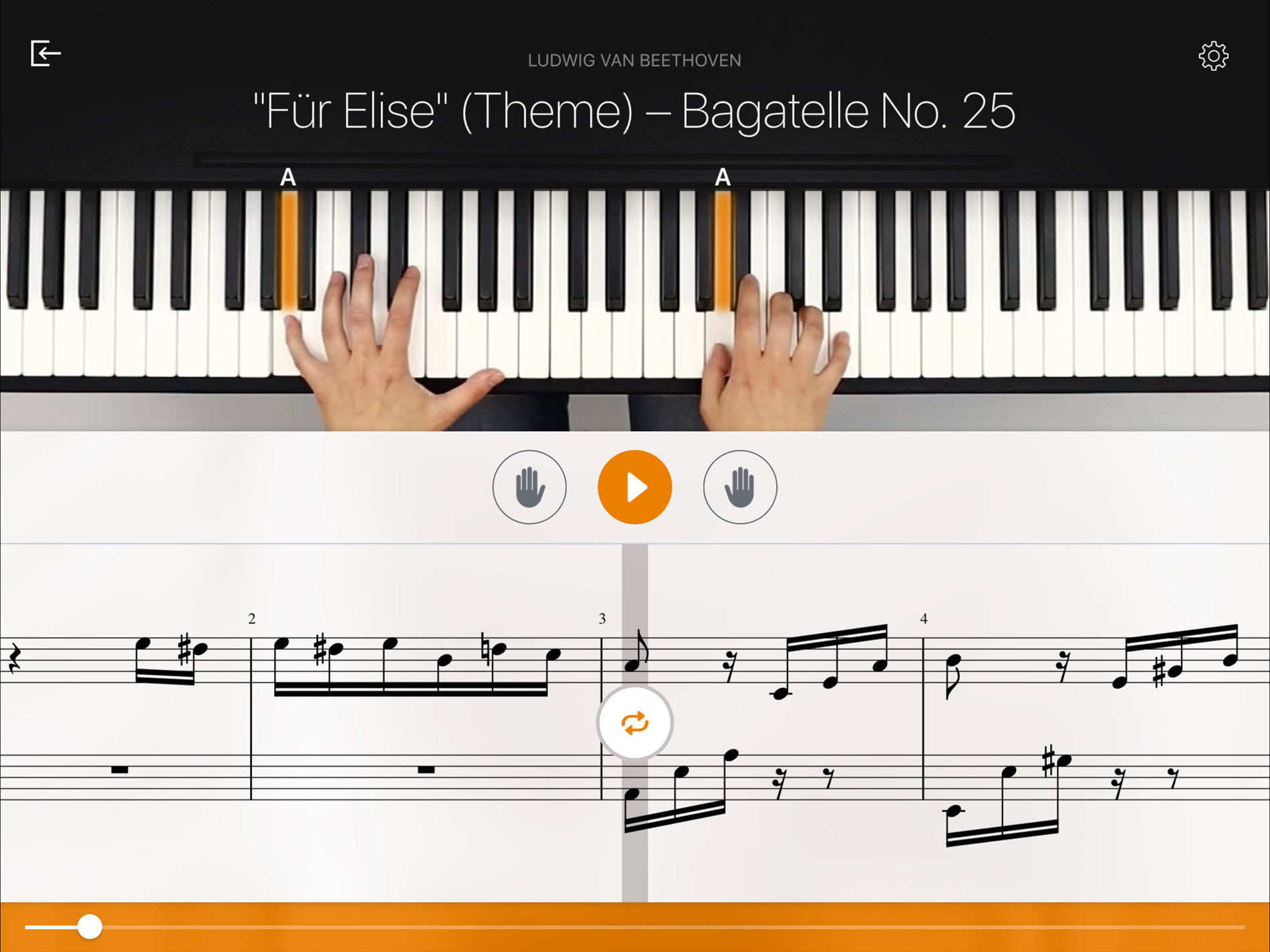 Hands playing Für Elise piano tutorial with sheet music and highlighted keys.