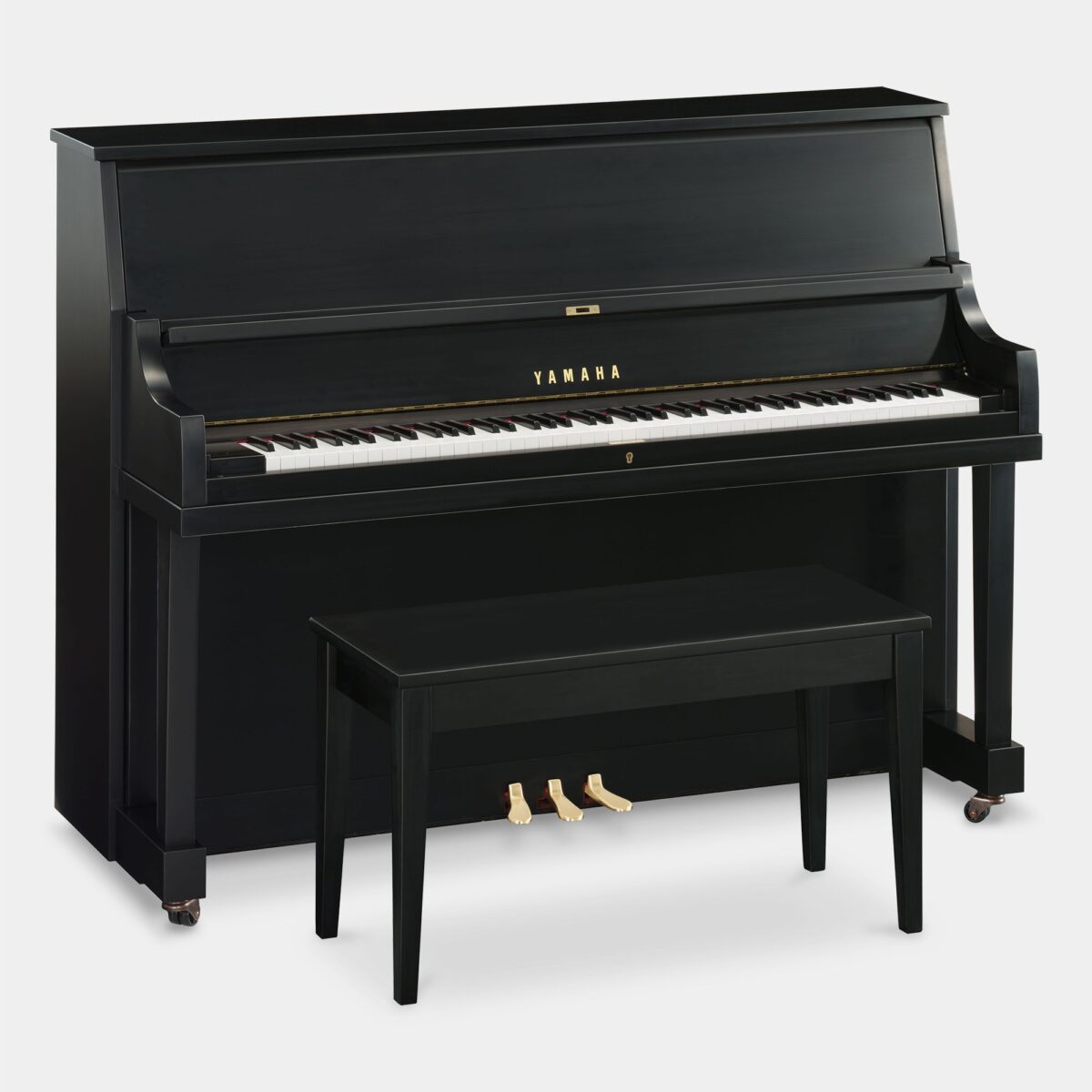Black upright Yamaha piano with matching bench, featuring a sleek design and glossy finish.