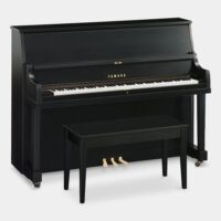 Black upright Yamaha piano with matching bench, featuring a sleek design and glossy finish.