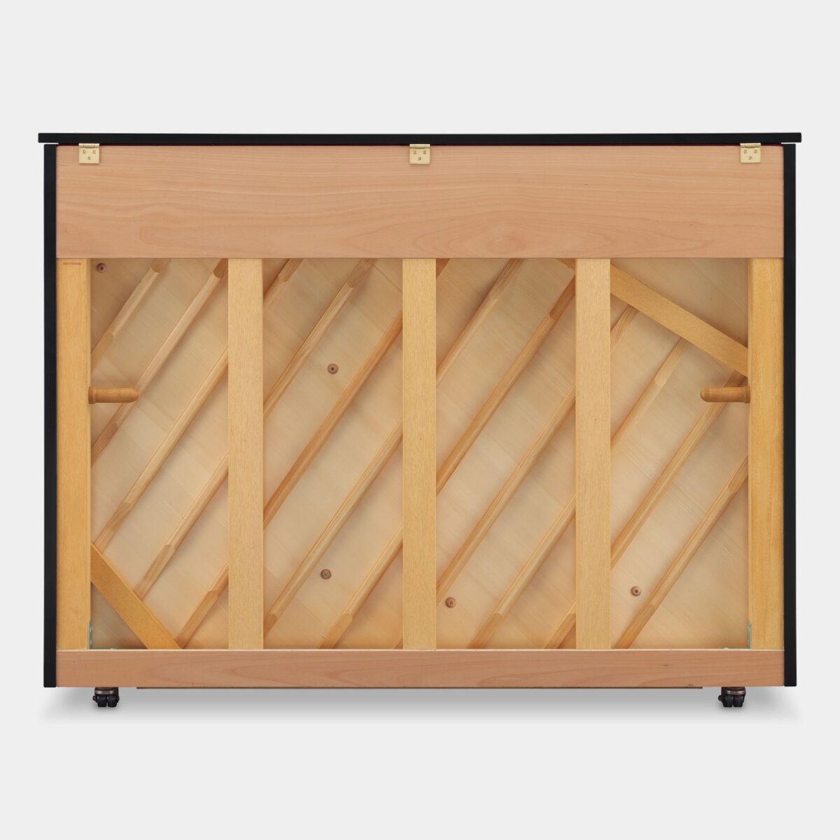 Wooden back view of an upright piano, showcasing internal frame and structure, ideal for music room decor.