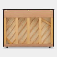 Wooden back view of an upright piano, showcasing internal frame and structure, ideal for music room decor.