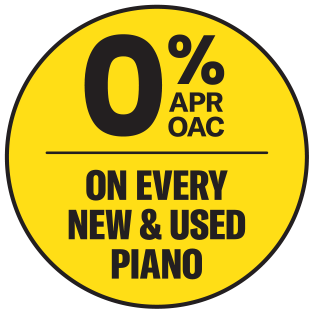 Promotional sticker for 0% APR financing on all new and used pianos at PianoWerks. Perfect for budget-friendly purchases.