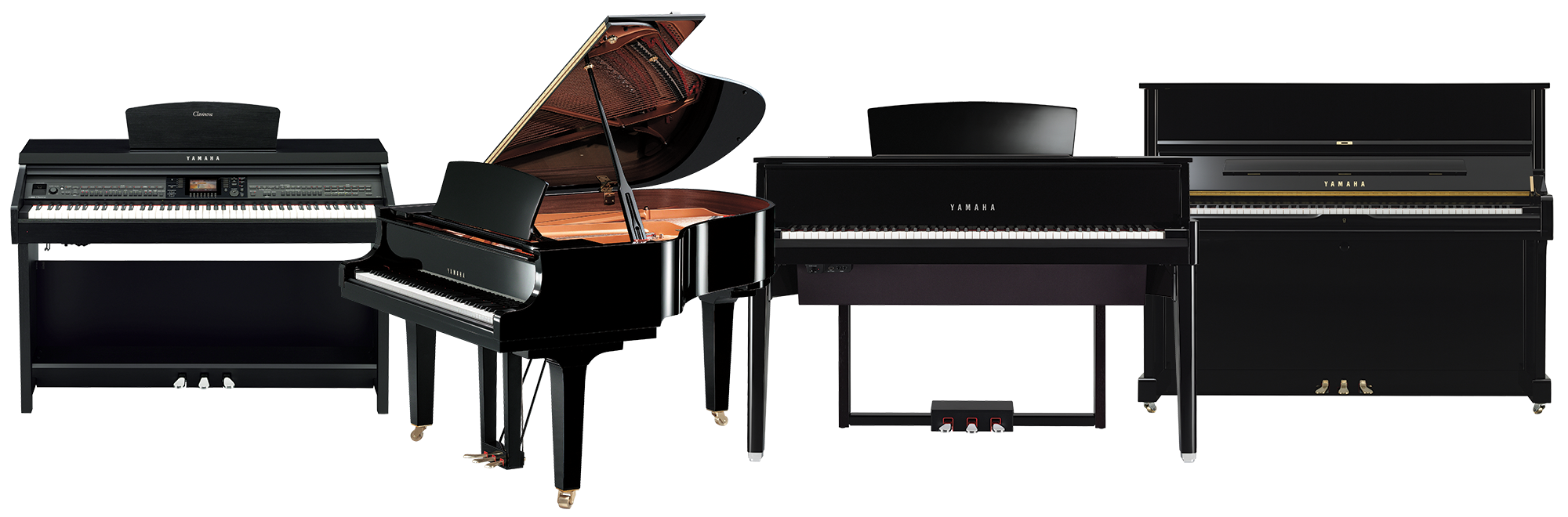 Alt text: Various Yamaha pianos highlighting digital, grand, and upright models, showcasing premium craftsmanship and design.