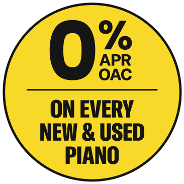 Promotional badge announcing 0% APR financing on all new and used pianos at Piano Werks.