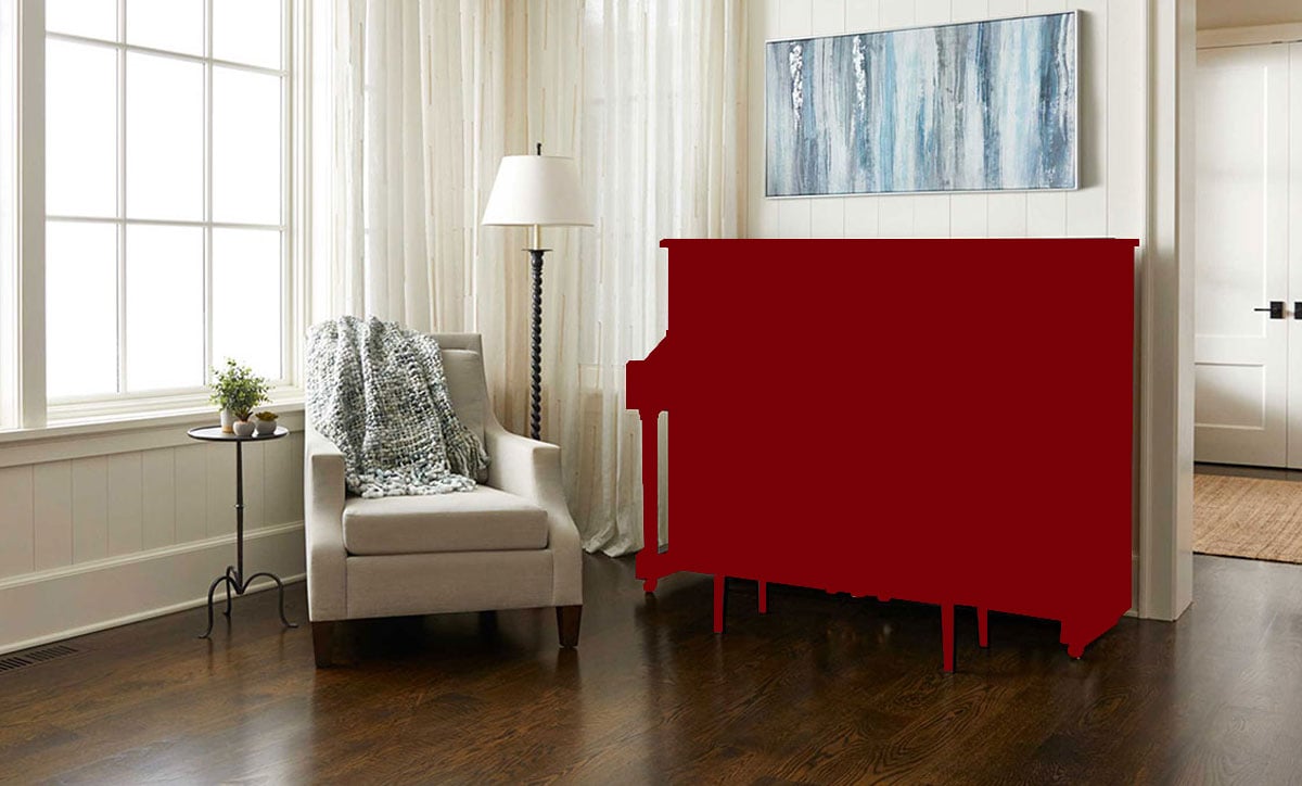 Elegant upright piano in a bright living space, showcasing timeless craftsmanship and superior sound quality.