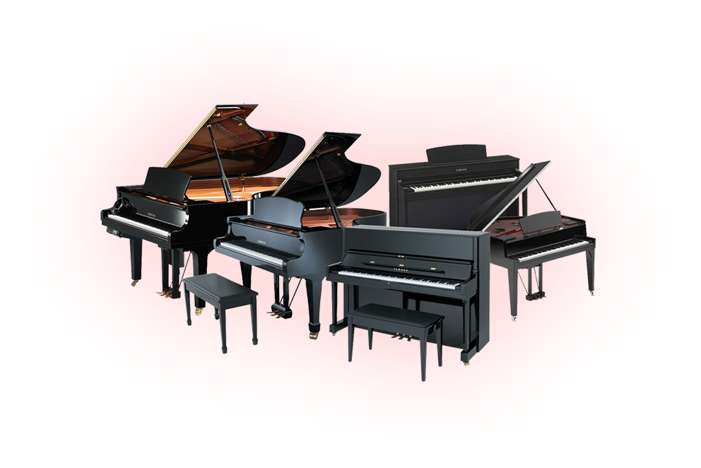 Various grand and upright pianos with benches on a pink background, showcasing different styles and sizes.