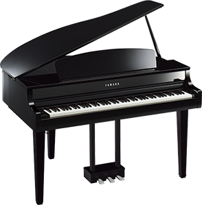 Elegant black grand piano with open lid, showcasing keys and pedals, ideal for musicians and music enthusiasts.