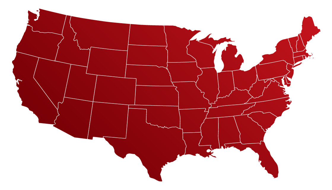 Red USA map showing state boundaries.
